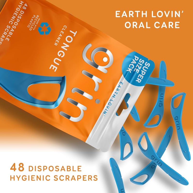 GRIN Tongue Cleaner, 48 Count, Disposable Tongue Cleaner, Hygienic Scraper, Recycled Plastic, Clean Tongue, Promote Fresh Breath, Includes Safe Fold- Back Tooth Pick (Pack of 2) - Image 3